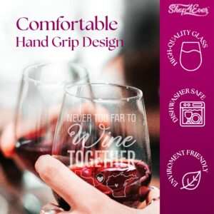 Custom Personalized Never Too Far to Wine Together Long Distance Friendship State Engraved Stemless Wine Glass 15 oz. Customized Gift