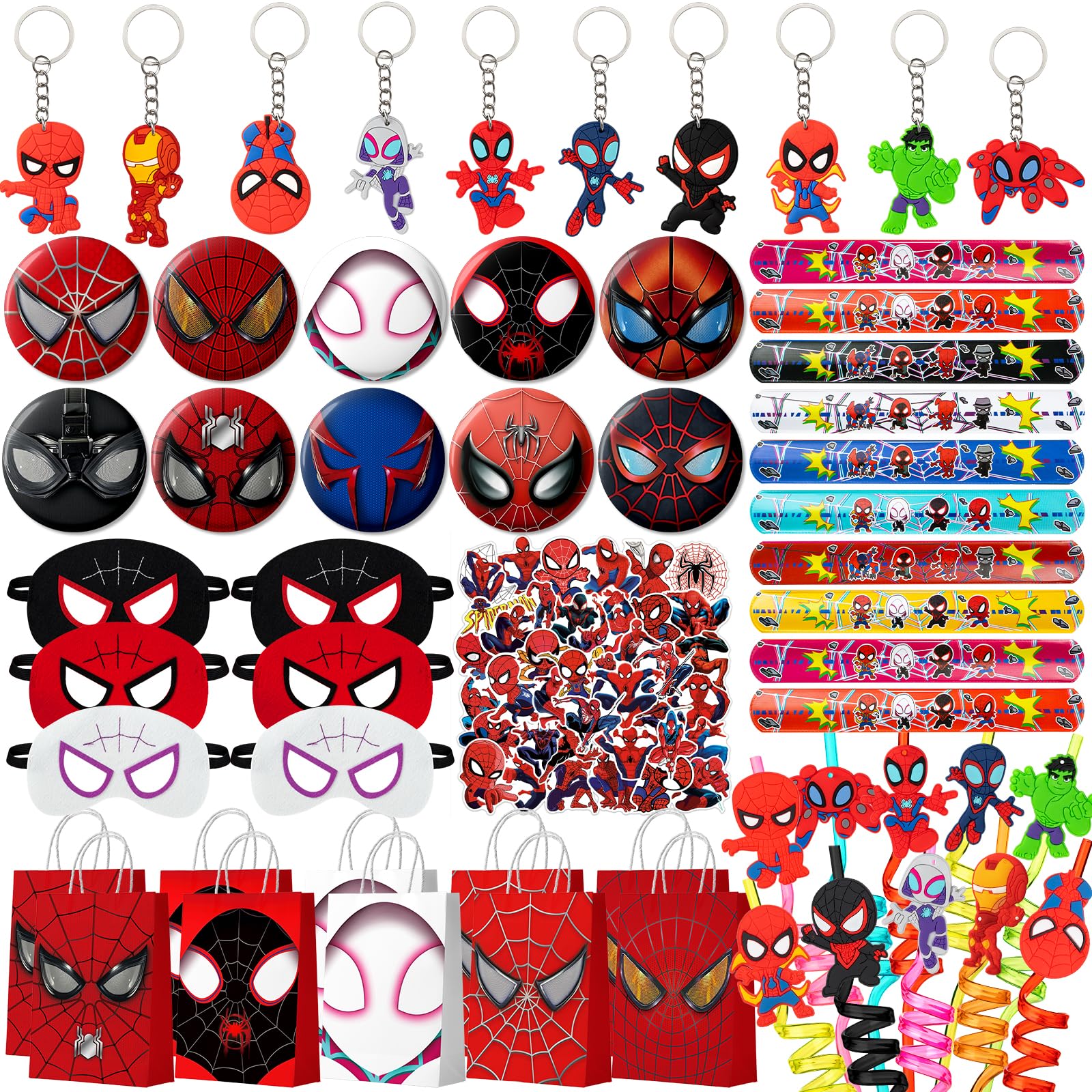 TLTSDWQ spidey and his amazing friends birthday decorations,110Pcs Party Favors,Include 10 Circles,10 Pattern Decorations,10 Key Chains,10 Masks,10 Gift Bags,10 Straws and 50 Stickers