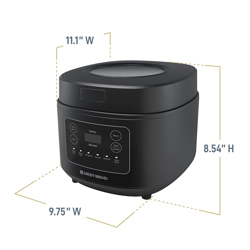 West Bend Programmable Rice & Grain Cooker with 7 Preset Functions, Includes Delay Start and Keep Warm, Features Easy View Window & Steam Basket, 12 Cups Cooked (6 Uncooked), Black