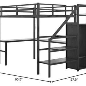 ATY Metal Full Size Loft Bed with Wardrobe and Built-in Desk, Sturdy Loft Bedframe w/LED & USB Port Design, for Bedroom, Dorm, Maxinmum Space & No Box Spring Needed, Black