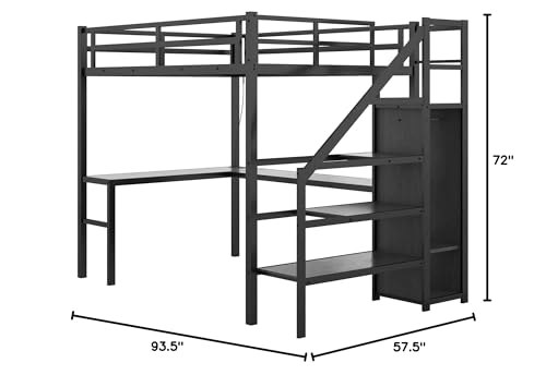 ATY Metal Full Size Loft Bed with Wardrobe and Built-in Desk, Sturdy Loft Bedframe w/LED & USB Port Design, for Bedroom, Dorm, Maxinmum Space & No Box Spring Needed, Black