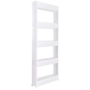 simplify slim slide out storage cart | dimensions: 21"x 5"x 40.2" | 5 tier | ideal for storage in tight spaces | great for kitchens | bathrooms | laundry rooms | home organization | white