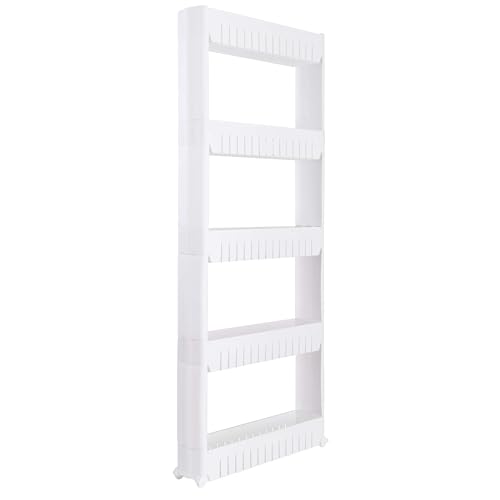 Simplify Slim Slide Out Storage Cart | Dimensions: 21"x 5"x 40.2" | 5 Tier | Ideal for Storage in Tight Spaces | Great for Kitchens | Bathrooms | Laundry Rooms | Home Organization | White