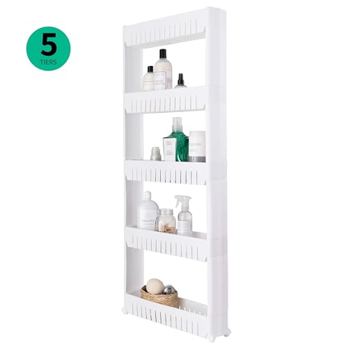 Simplify Slim Slide Out Storage Cart | Dimensions: 21"x 5"x 40.2" | 5 Tier | Ideal for Storage in Tight Spaces | Great for Kitchens | Bathrooms | Laundry Rooms | Home Organization | White