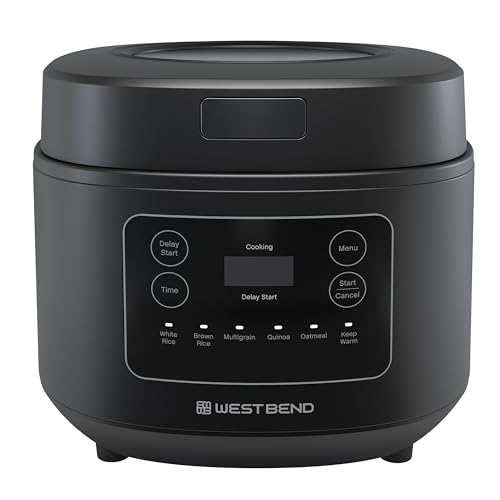 West Bend Programmable Rice & Grain Cooker with 7 Preset Functions, Includes Delay Start and Keep Warm, Features Easy View Window & Steam Basket, 12 Cups Cooked (6 Uncooked), Black