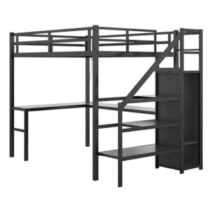 ATY Metal Full Size Loft Bed with Wardrobe and Built-in Desk, Sturdy Loft Bedframe w/LED & USB Port Design, for Bedroom, Dorm, Maxinmum Space & No Box Spring Needed, Black