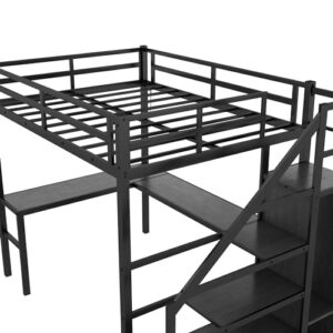 ATY Metal Full Size Loft Bed with Wardrobe and Built-in Desk, Sturdy Loft Bedframe w/LED & USB Port Design, for Bedroom, Dorm, Maxinmum Space & No Box Spring Needed, Black