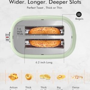 2 Slice Toaster, Wide Slots,High Lift, Auto-Off, & Frozen Modes for Toast, Bagels, Waffles & Fruity Breads, Modern Sleek Design, Easy-Clean Crumb Tray, Green