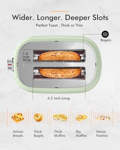 2 Slice Toaster, Wide Slots,High Lift, Auto-Off, & Frozen Modes for Toast, Bagels, Waffles & Fruity Breads, Modern Sleek Design, Easy-Clean Crumb Tray, Green