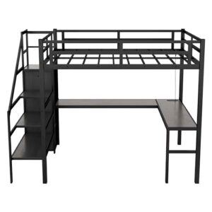 ATY Metal Full Size Loft Bed with Wardrobe and Built-in Desk, Sturdy Loft Bedframe w/LED & USB Port Design, for Bedroom, Dorm, Maxinmum Space & No Box Spring Needed, Black