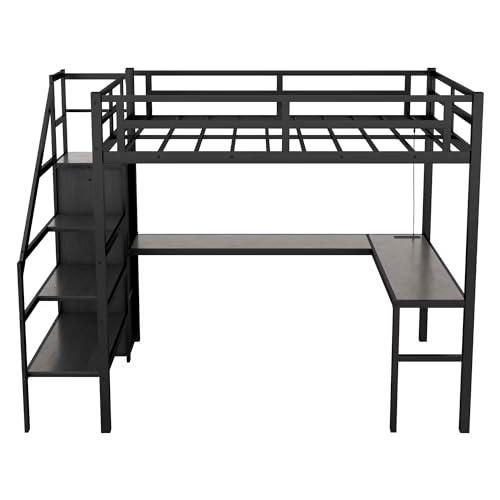 ATY Metal Full Size Loft Bed with Wardrobe and Built-in Desk, Sturdy Loft Bedframe w/LED & USB Port Design, for Bedroom, Dorm, Maxinmum Space & No Box Spring Needed, Black