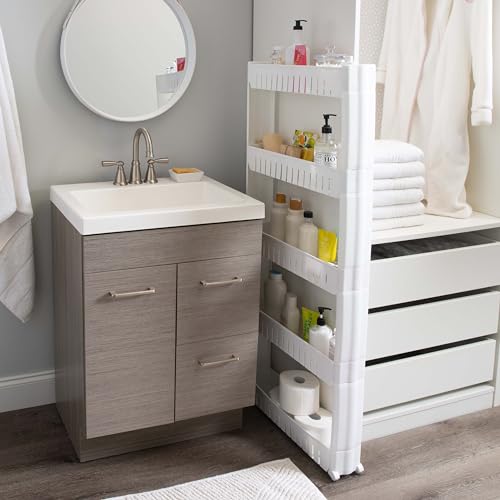 Simplify Slim Slide Out Storage Cart | Dimensions: 21"x 5"x 40.2" | 5 Tier | Ideal for Storage in Tight Spaces | Great for Kitchens | Bathrooms | Laundry Rooms | Home Organization | White