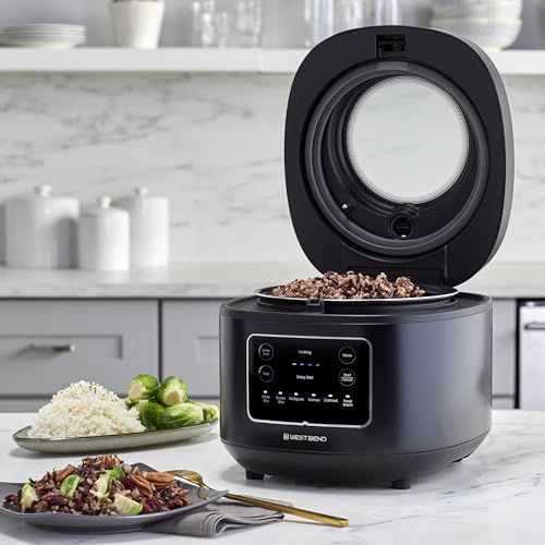 West Bend Programmable Rice & Grain Cooker with 7 Preset Functions, Includes Delay Start and Keep Warm, Features Easy View Window & Steam Basket, 12 Cups Cooked (6 Uncooked), Black