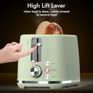 2 Slice Toaster, Wide Slots,High Lift, Auto-Off, & Frozen Modes for Toast, Bagels, Waffles & Fruity Breads, Modern Sleek Design, Easy-Clean Crumb Tray, Green