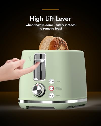 2 Slice Toaster, Wide Slots,High Lift, Auto-Off, & Frozen Modes for Toast, Bagels, Waffles & Fruity Breads, Modern Sleek Design, Easy-Clean Crumb Tray, Green