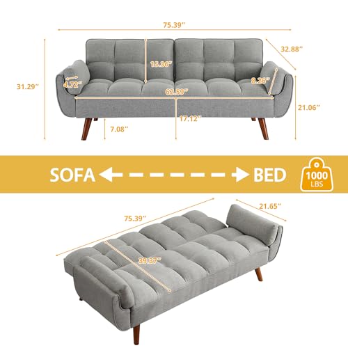 Relyblo Futon Sofa Bed, 75.9 inch Convertible Sectional Fabric Sleeper Couch, Splitback Loveseat with Tapered Legs, Modern Lounge for Living Room, Study, Bedroom, Apartment, Office