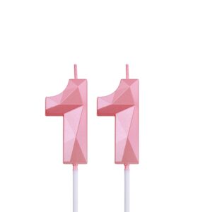 2 inch pink 11 birthday candles, 3d diamond number 11 cake topper for boys girls birthday party decorations theme party