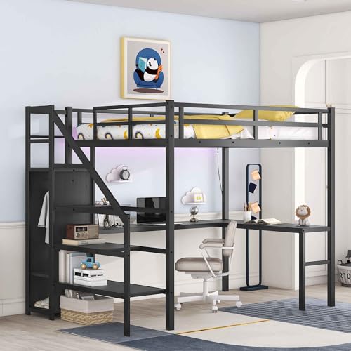 ATY Metal Full Size Loft Bed with Wardrobe and Built-in Desk, Sturdy Loft Bedframe w/LED & USB Port Design, for Bedroom, Dorm, Maxinmum Space & No Box Spring Needed, Black