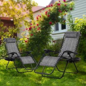 Nazhura Set of 2 Relaxing Recliners Patio Chairs Adjustable Steel Mesh Zero Gravity Lounge Chair Beach Chairs with Pillow and Cup Holder(Grey)