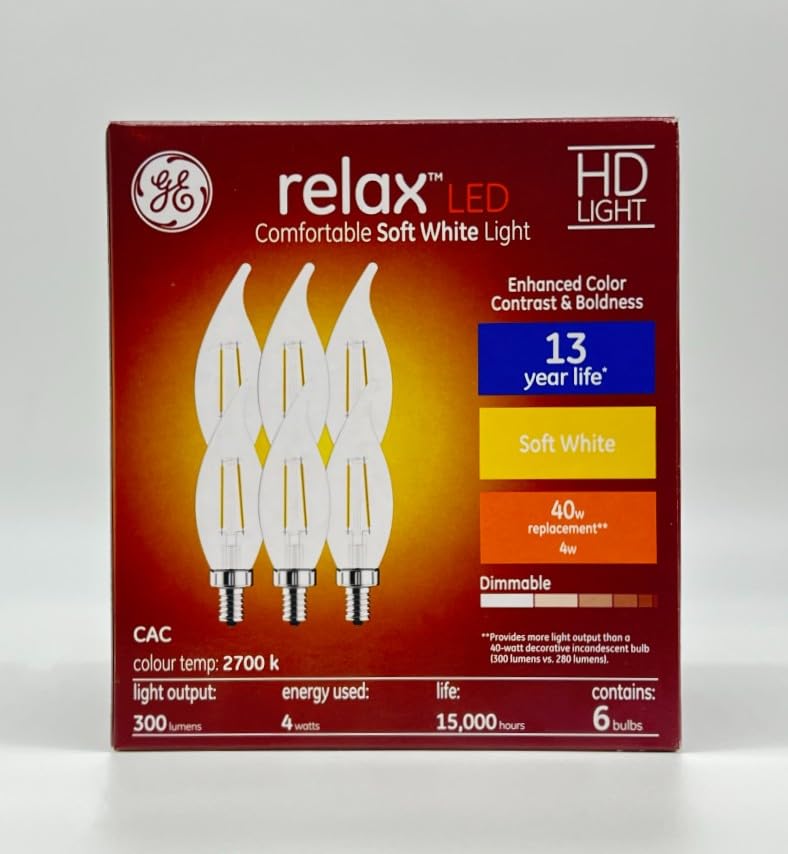 GE (6 Bulbs) Relax LED HD Decorative Chandelier Light Bulb, Clear, Bent tip, 40 watt Replacement, Candelabra Base, dimmable 4 watt, 300 Lumen LED Light Bulb