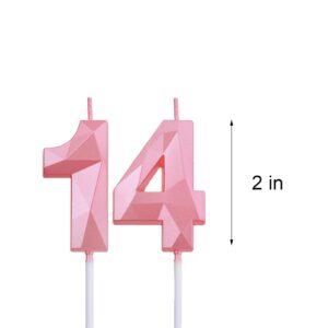 2 inch Pink 14 & 41 Birthday Candles, 3D Diamond Number 14th & 41st Cake Topper for Boys Girls Birthday Party Decorations Theme Party