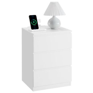 vasagle nightstand with charging station, 2 ac outlets and 2 usb ports, bedside table, side table with 3 drawers, modern style, 13.8 x 15.7 x 23.2 inches, cloud white ulet631w16