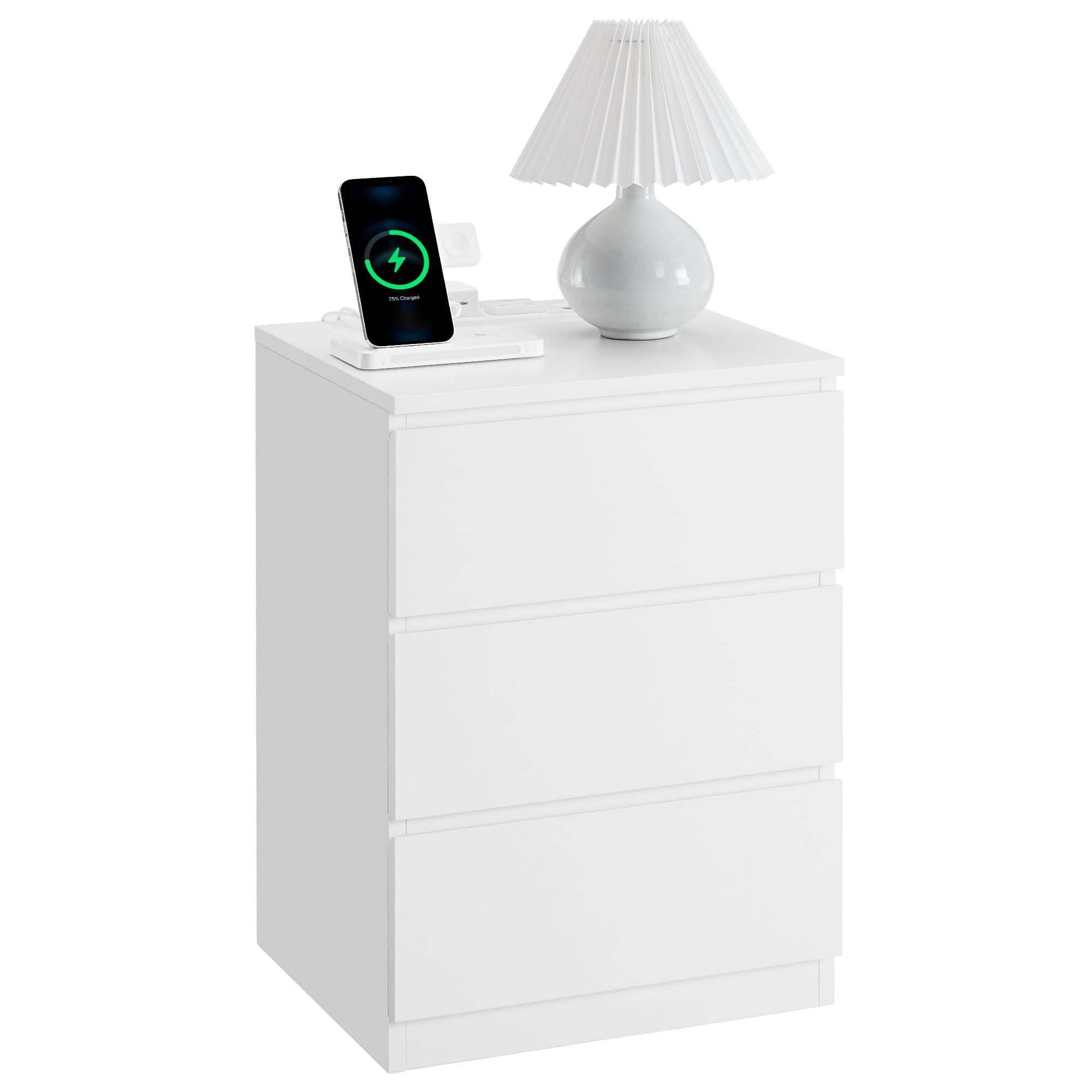 VASAGLE Nightstand with Charging Station, 2 AC Outlets and 2 USB Ports, Bedside Table, Side Table with 3 Drawers, Modern Style, 13.8 x 15.7 x 23.2 Inches, Cloud White ULET631W16