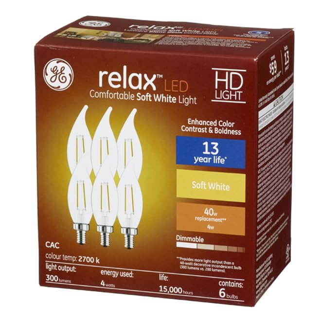 GE (6 Bulbs) Relax LED HD Decorative Chandelier Light Bulb, Clear, Bent tip, 40 watt Replacement, Candelabra Base, dimmable 4 watt, 300 Lumen LED Light Bulb