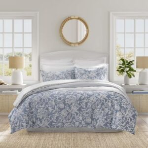 nautica - queen duvet cover set, reversible cotton bedding with matching shams, elegant floral home decor (tortola blue, queen)