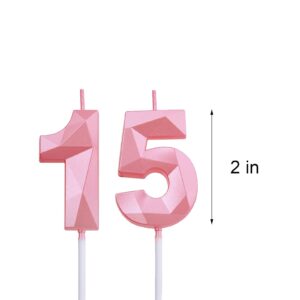 2 inch Pink 15 & 51 Birthday Candles, 3D Diamond Number 15th & 51st Cake Topper for Boys Girls Birthday Party Decorations Theme Party