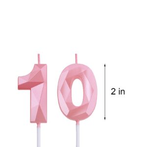 2 inch Pink 10 Birthday Candles, 3D Diamond Number 10 Cake Topper for Boys Girls Birthday Party Decorations Theme Party