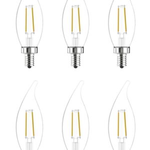 GE (6 Bulbs) Relax LED HD Decorative Chandelier Light Bulb, Clear, Bent tip, 40 watt Replacement, Candelabra Base, dimmable 4 watt, 300 Lumen LED Light Bulb