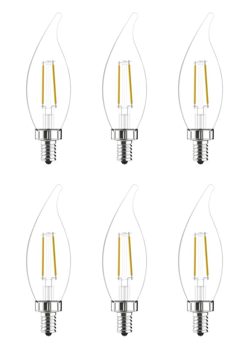 GE (6 Bulbs) Relax LED HD Decorative Chandelier Light Bulb, Clear, Bent tip, 40 watt Replacement, Candelabra Base, dimmable 4 watt, 300 Lumen LED Light Bulb