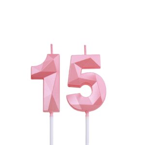 2 inch pink 15 & 51 birthday candles, 3d diamond number 15th & 51st cake topper for boys girls birthday party decorations theme party