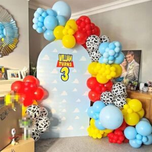 Toy Inspired Story Balloons, 12 Inch Red Blue Yellow Balloons With Cow Print Sky Blue Cloud Balloons For Kids Boys Girls Inspired Story Party Themed Party Decor Decorations