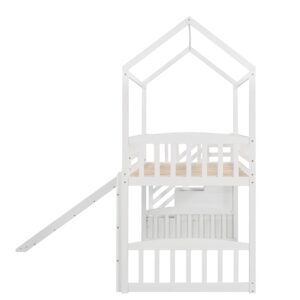 YOPTO Twin Size Loft Bed with Slide and Storage Steps,Wooden Playhouse BedFrame,w/Two Drawers & Safety Guardrail,No Box Spring Needed,for Kids, Teens, Girls, Boys,White