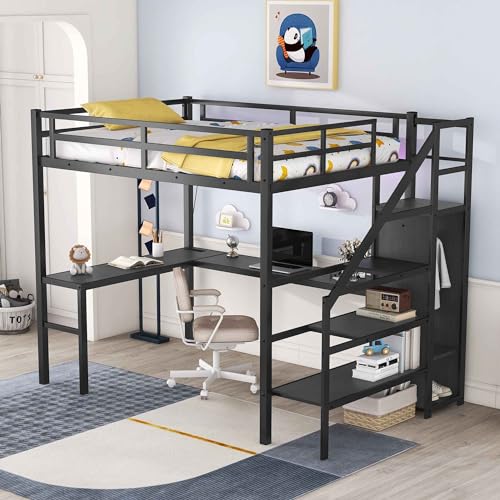 ATY Metal Full Size Loft Bed with Wardrobe and Built-in Desk, Sturdy Loft Bedframe w/LED & USB Port Design, for Bedroom, Dorm, Maxinmum Space & No Box Spring Needed, Black