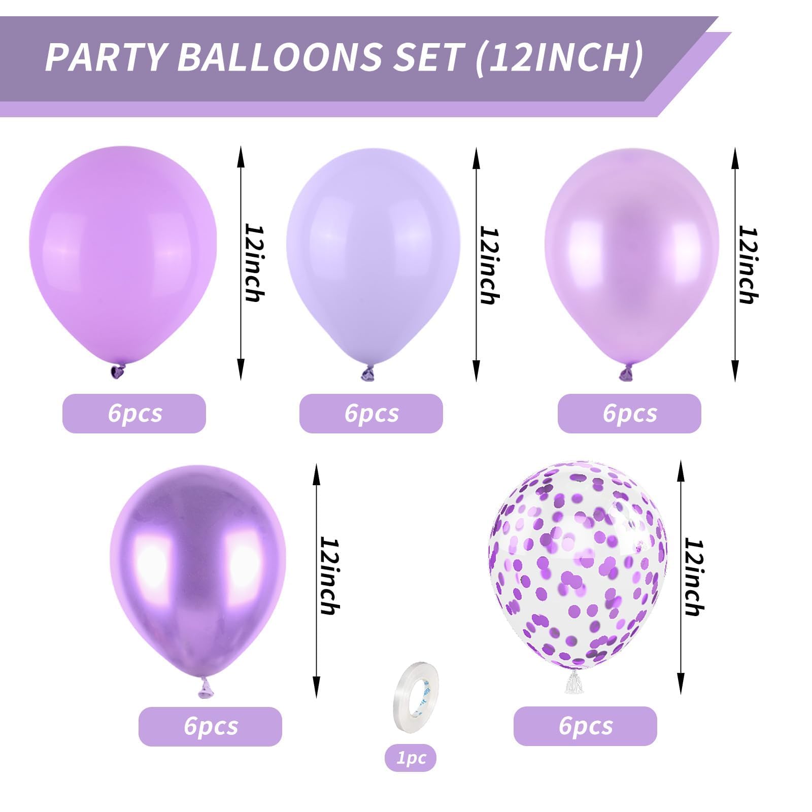 Purple Party Balloons Set, 12inch Lavender Balloons Pastel Purple Lilac Balloons Purple Metallic Confetti Purple Balloons For Girls Birthday Baby Shower Bridal Wedding Party Decorations