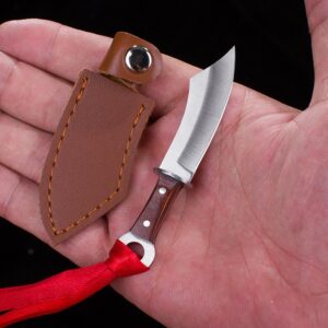 SZHOWORLD Ultra Minimal Fixed Blade Knife, 1.37 inch 5Cr15 Steel Blade with Stainless Steel+Wood Handle, Mini Knife/Box Cutter with Leather Sheath for EDC Gift Tools