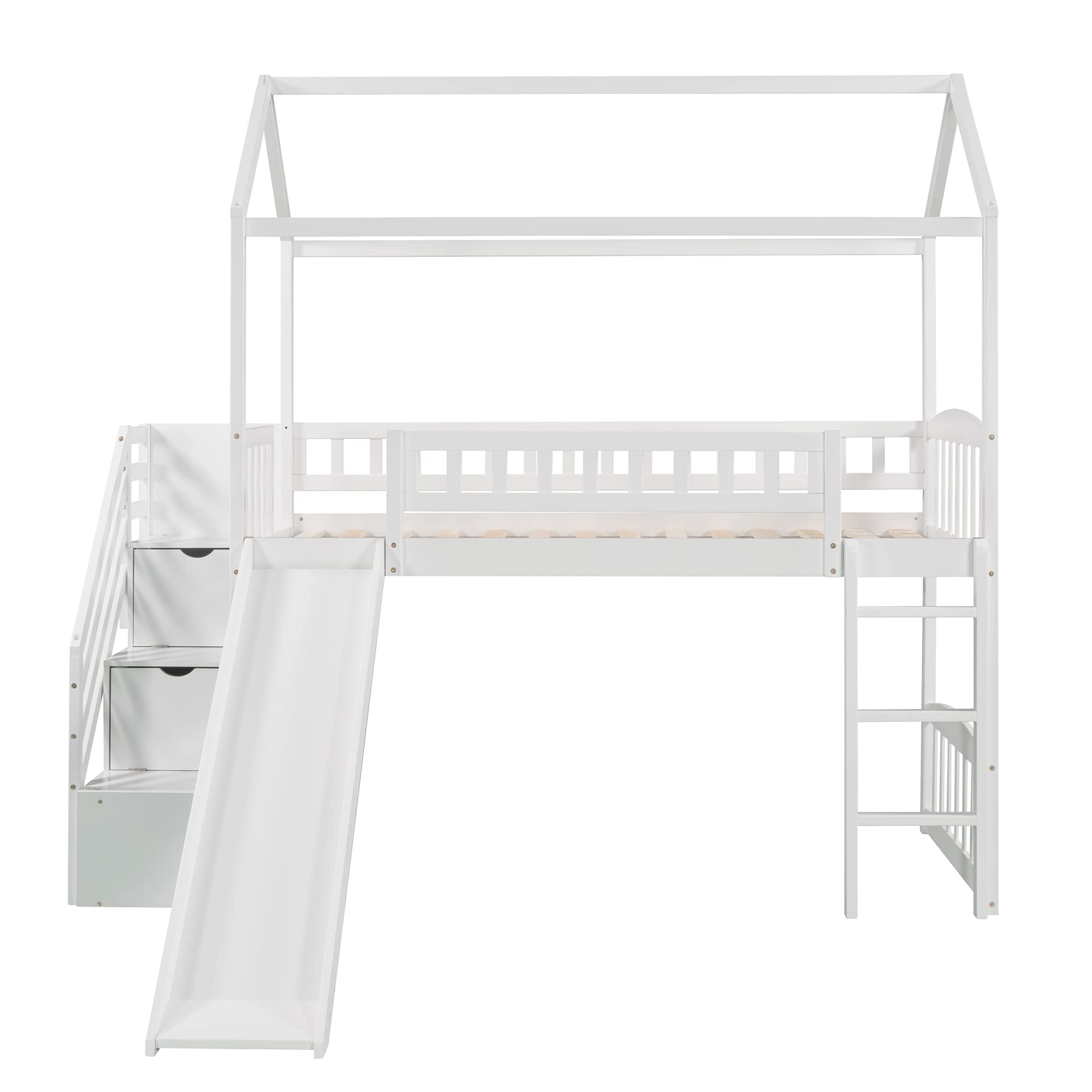 YOPTO Twin Size Loft Bed with Slide and Storage Steps,Wooden Playhouse BedFrame,w/Two Drawers & Safety Guardrail,No Box Spring Needed,for Kids, Teens, Girls, Boys,White