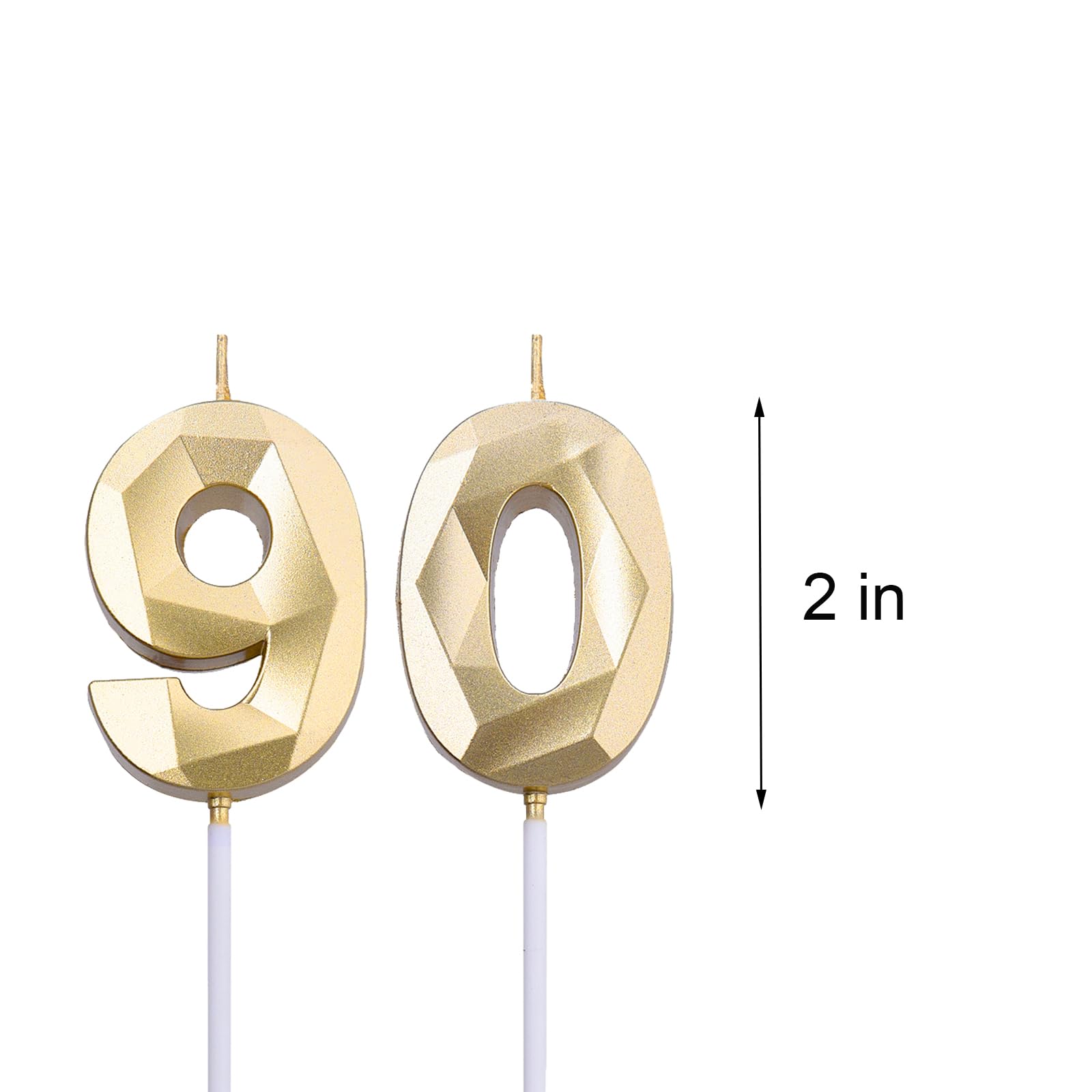 2 inch Gold 90 Birthday Candles, 3D Diamond Number 90 Cake Topper for Men Women Birthday Party Decorations Theme Party