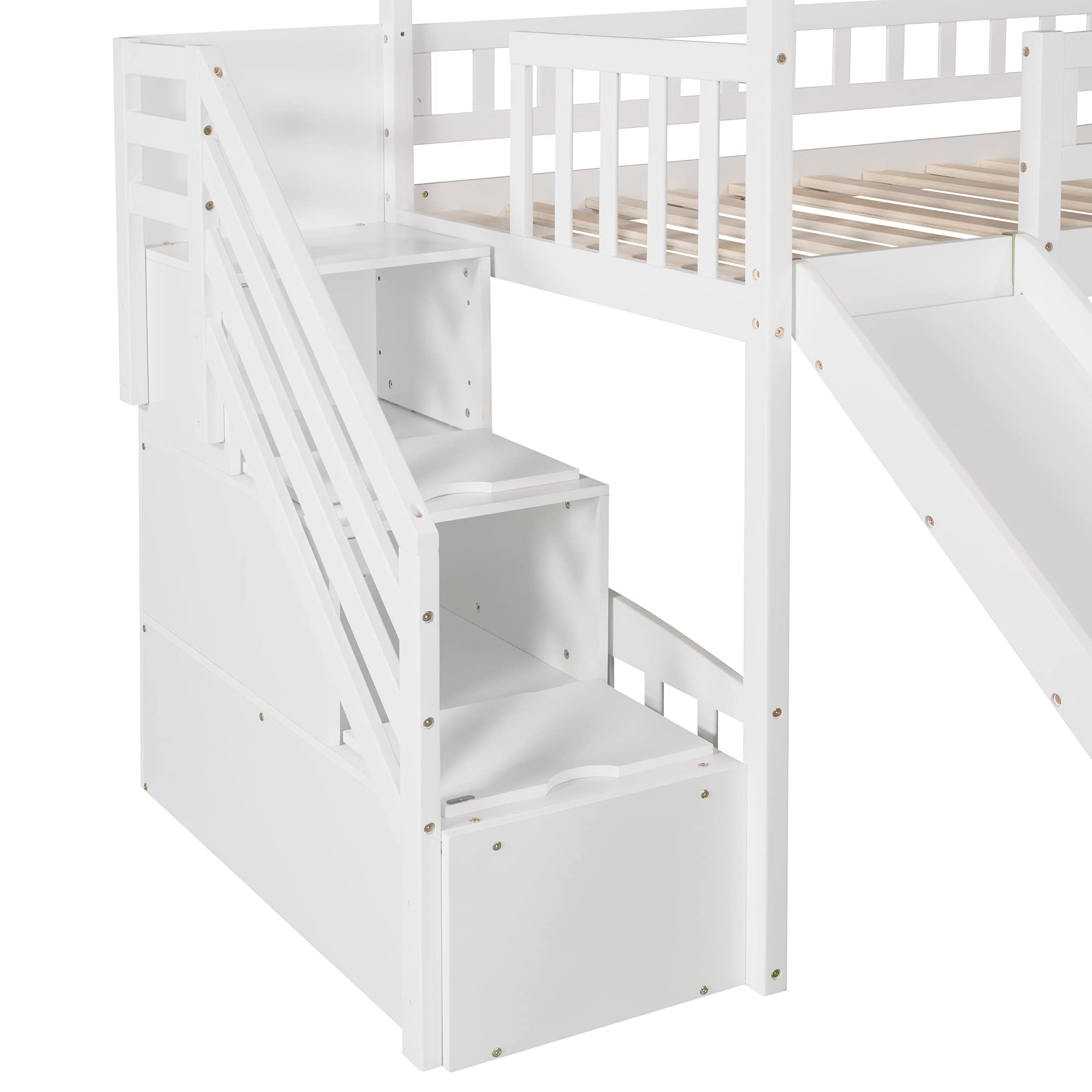 YOPTO Twin Size Loft Bed with Slide and Storage Steps,Wooden Playhouse BedFrame,w/Two Drawers & Safety Guardrail,No Box Spring Needed,for Kids, Teens, Girls, Boys,White