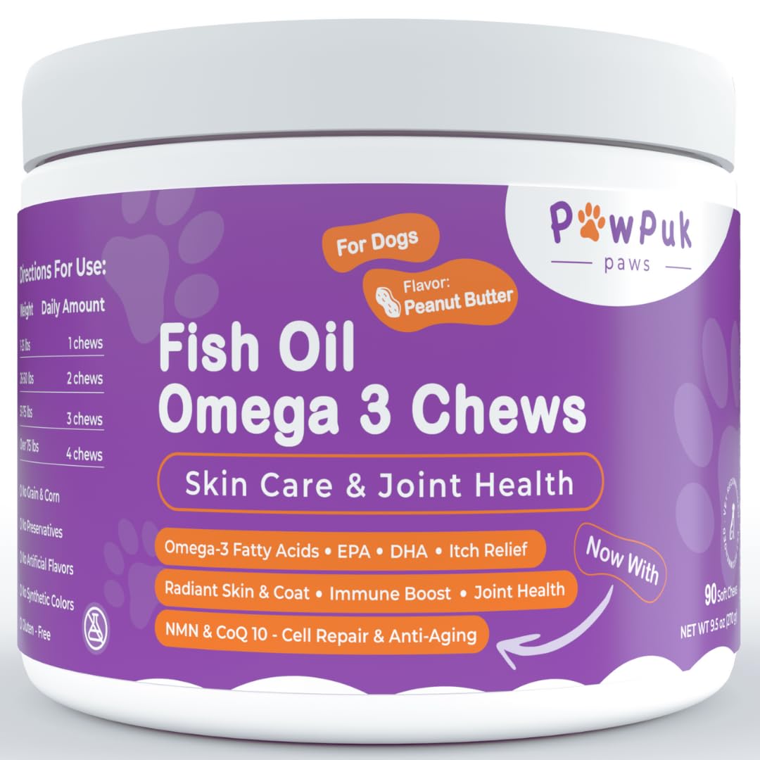 PawPuk Paws Omega 3 Fish Oil Chews for Dogs - EPA & DHA for Skin & Coat Health Plus Overall Health, Itch Relief, Joint & Mobility Support, CoQ10 & NMN - Natural Anti-Aging Supplement for Dogs