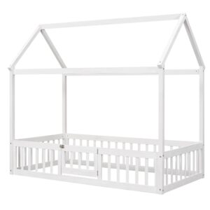 Twin Bed Frames with Fence and Door Roof, Pine House Shaped Montessori Floor Mattress Foundation for Kids Girls Boys