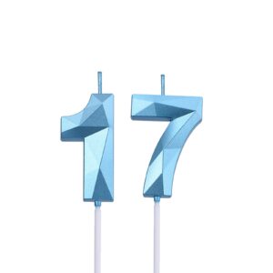 2 inch blue 17 & 71 birthday candles, 3d diamond number 17th & 71st cake topper for boys girls birthday party decorations theme party