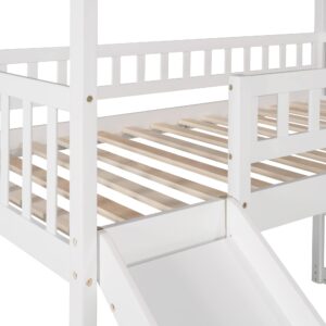 YOPTO Twin Size Loft Bed with Slide and Storage Steps,Wooden Playhouse BedFrame,w/Two Drawers & Safety Guardrail,No Box Spring Needed,for Kids, Teens, Girls, Boys,White