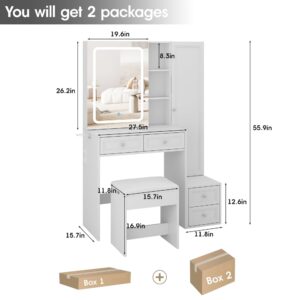 Makeup Vanity Desk with LED Lighted Sliding Mirror, Vanity Table with Jewelry Cabinet and 4 Drawers, Charging Station & Lots Storage Shelves, Adjustable Brightness, Dressing Table Cushioned Stool Set