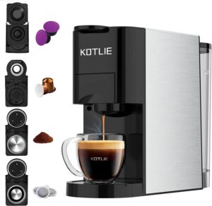 kotlie 4in1 espresso machine,customize volume settings,single serve coffee maker for nespresso original/k cups/l'or/ground coffee/illy coffee ese,19bar espresso maker,1450w coffee machine