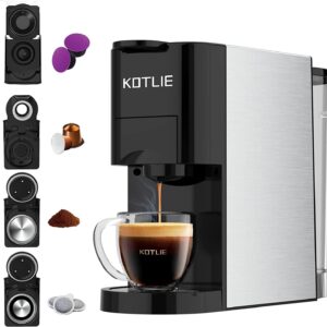 KOTLIE 4in1 Espresso Machine,Customize Volume Settings,Single Serve Coffee Maker for Nespresso original/K cups/L'OR/Ground Coffee/illy Coffee ESE,19Bar Espresso Maker,1450W Coffee Machine