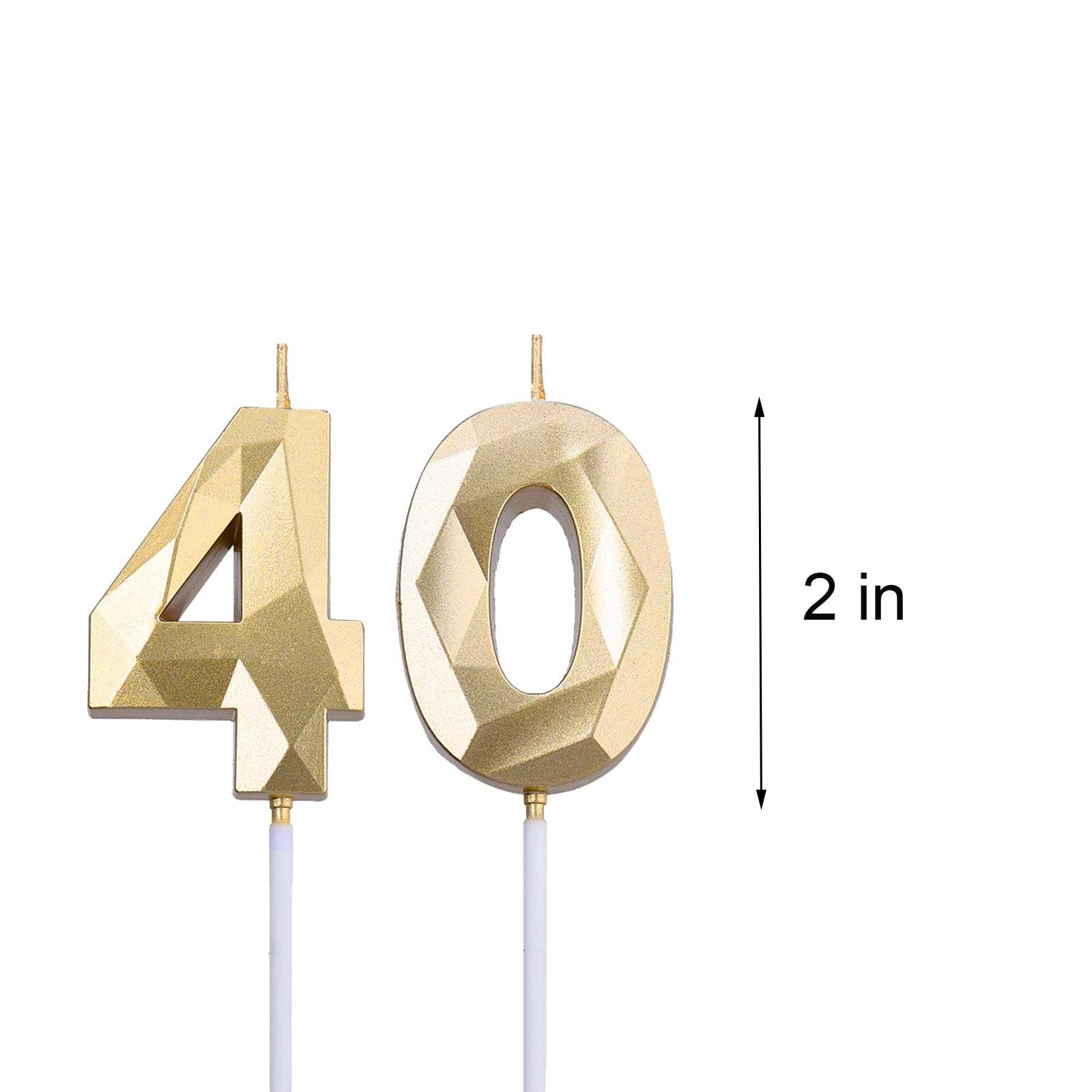 2 inch Gold 40 Birthday Candles, 3D Diamond Number 40 Cake Topper for Men Women Birthday Party Decorations Theme Party